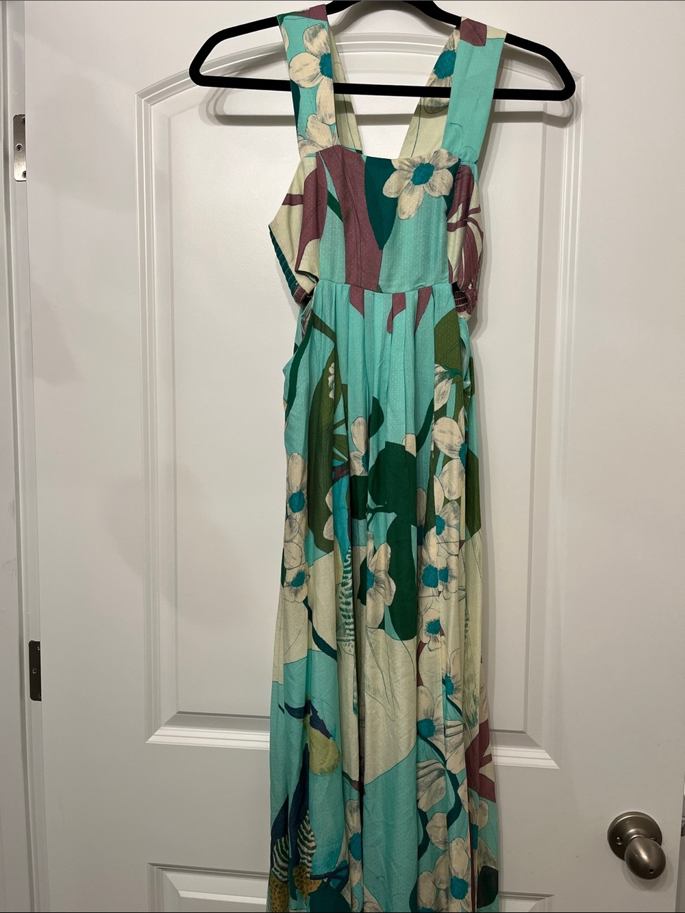 Anthropologie Turquoise Floral Maxi Dress with Cream Accents